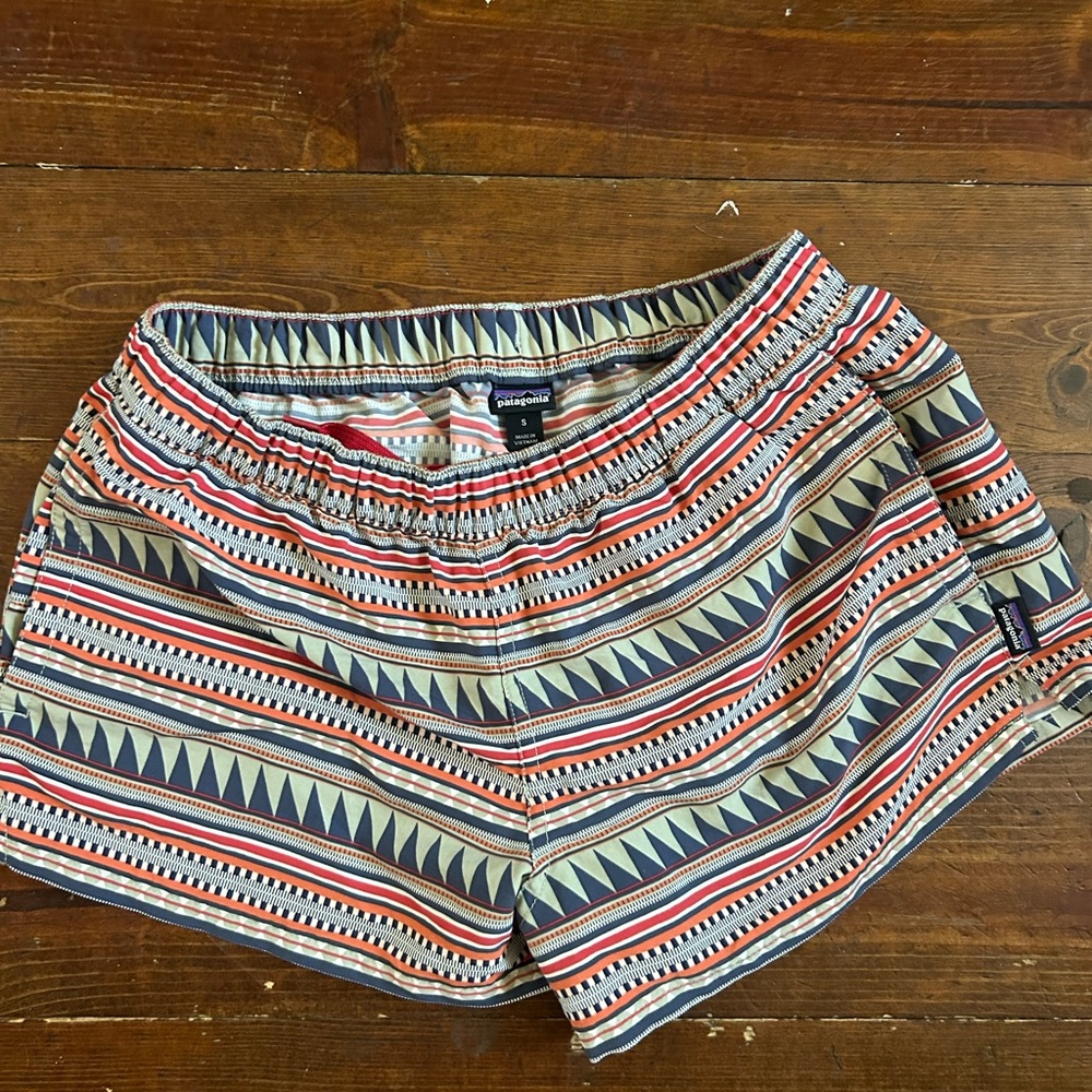Patagonia Women's Geometric Patterned Shorts - Red, Blue, Tan